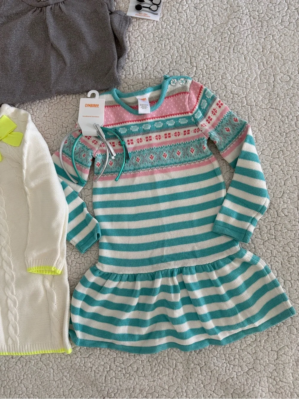 New girls Gymboree Sz 4 White Cable Knit Dress with Neon Yellow Accents bundle